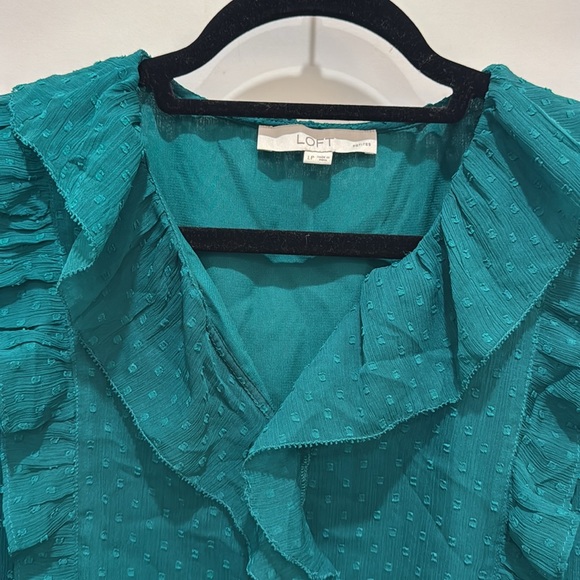LOFT Long Sleeve Green Teal Flowy Blouse. Size Petite Large - Picture 3 of 10